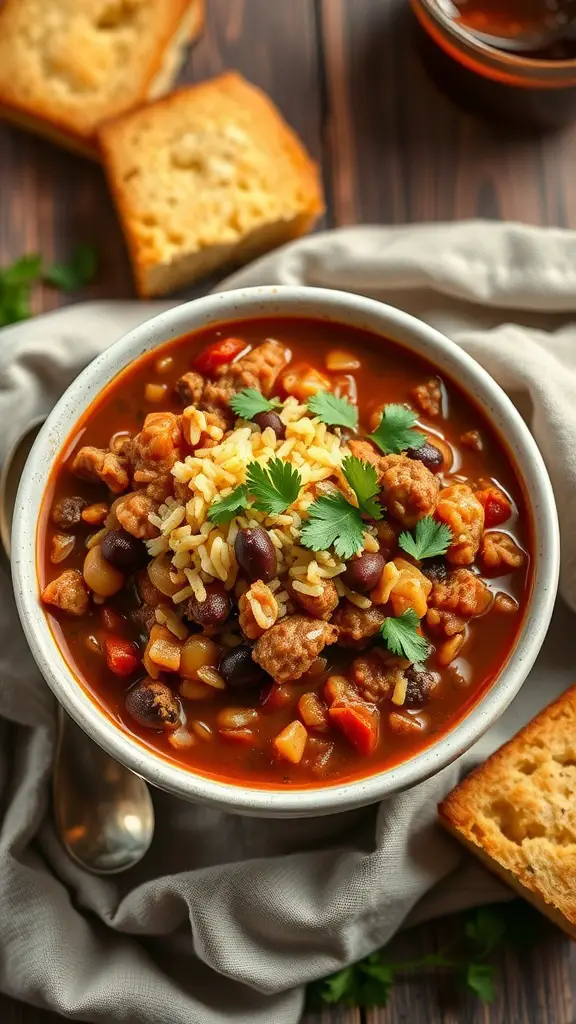 A bowl of Beefy Rice and Bean Chili with a spoon and bread on the side.