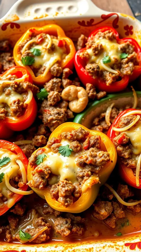 A colorful Beefy Stuffed Bell Pepper Casserole with ground beef and cheese.