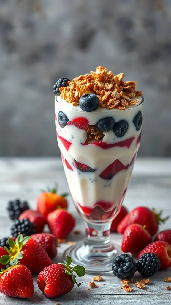 A delicious berry and yogurt parfait topped with granola and fresh berries.