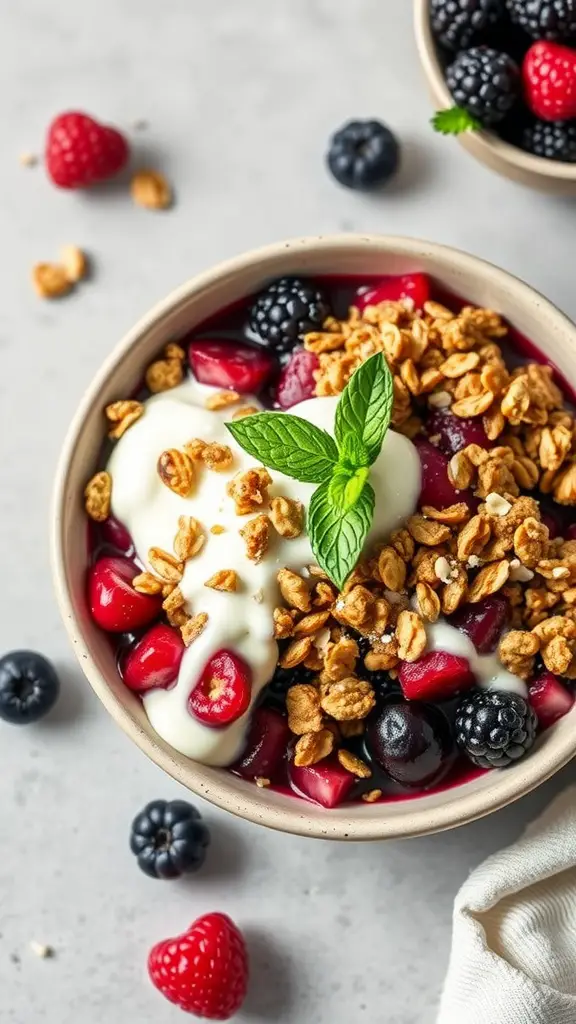 A delicious berry crisp with oat topping served in a bowl.