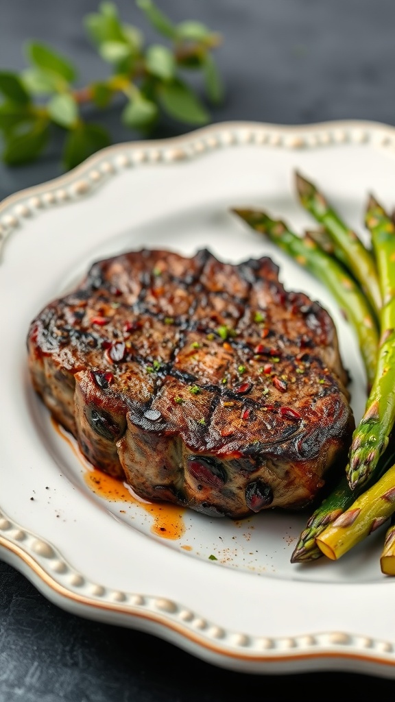 Deliciously cooked Blackened Cajun Ribeye steak with a crispy crust served with asparagus.