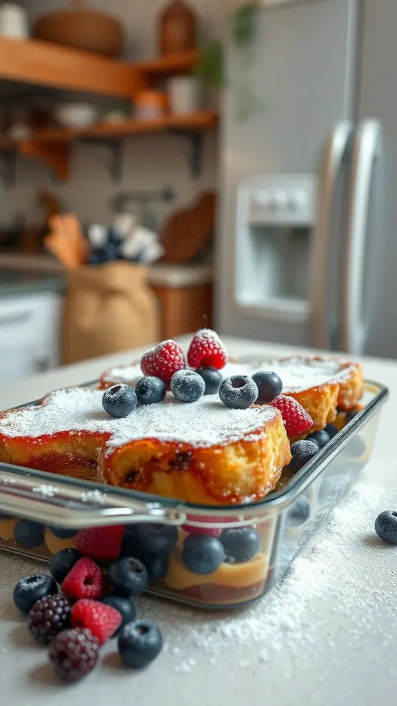 Bourbon-infused French toast casserole topped with berries and powdered sugar
