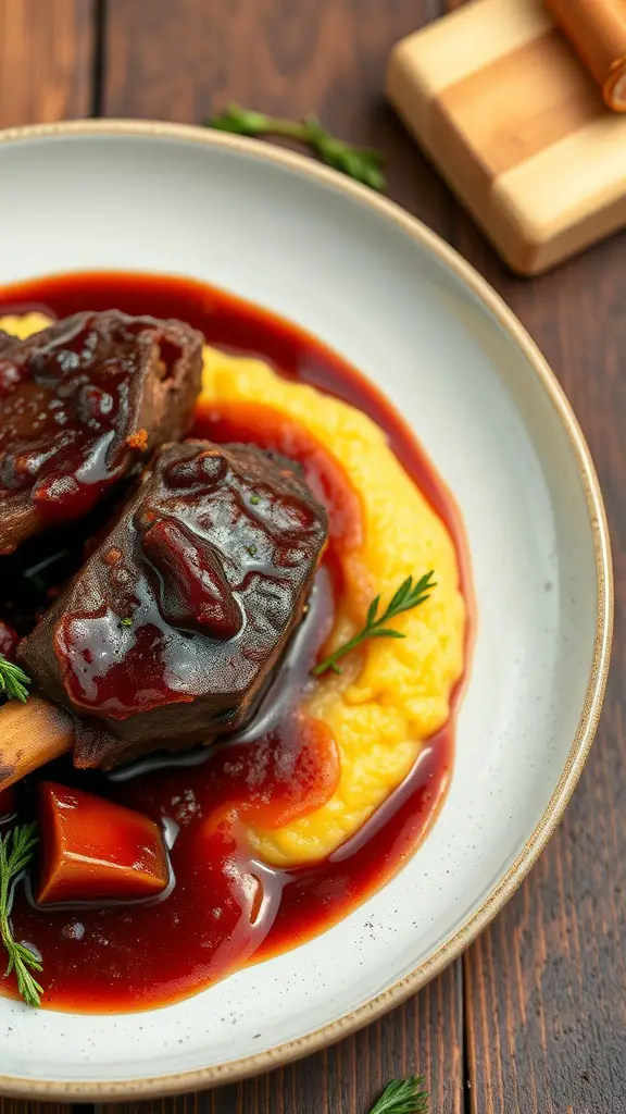 Braised short ribs served with red wine sauce and creamy polenta