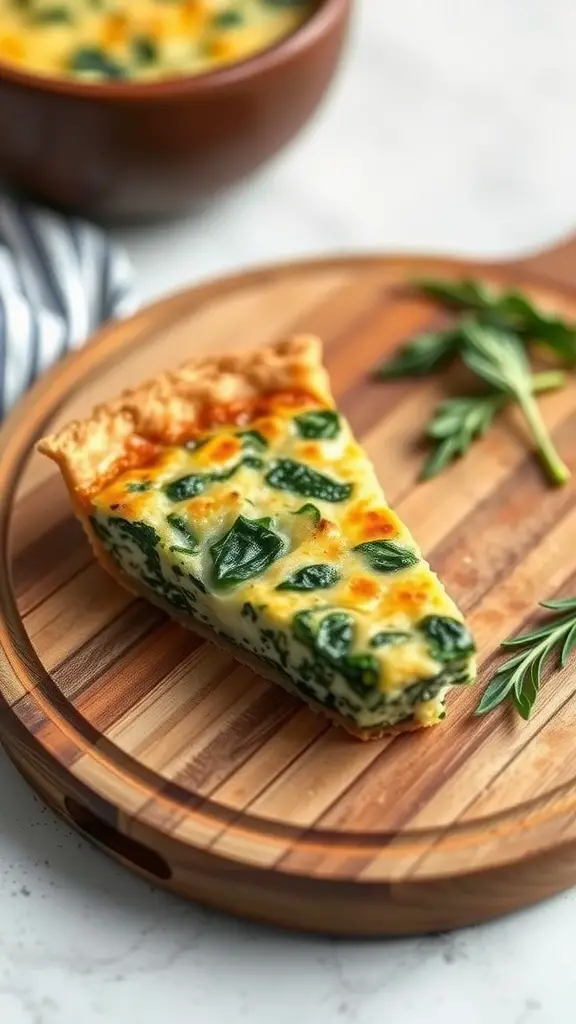 A slice of spinach and cheese quiche on a wooden cutting board