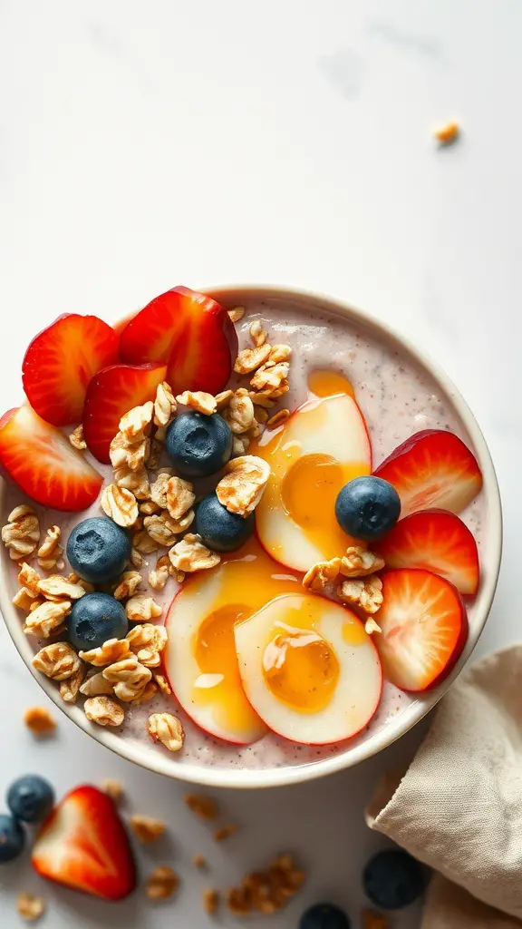 A vibrant smoothie bowl topped with granola and fresh fruits.