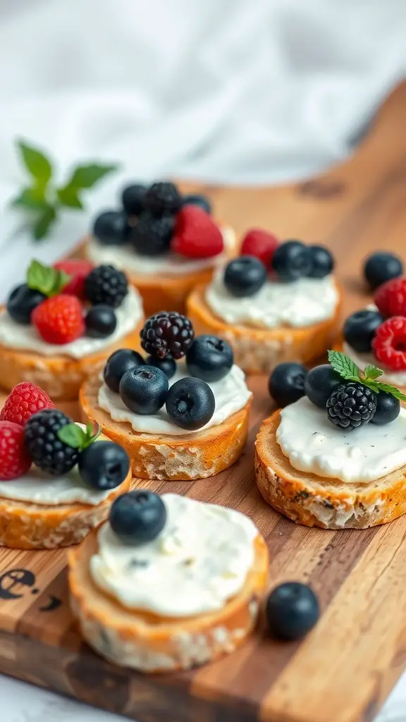 Brie and Berry Crostini appetizer, featuring toasted baguette slices topped with brie cheese and fresh berries.