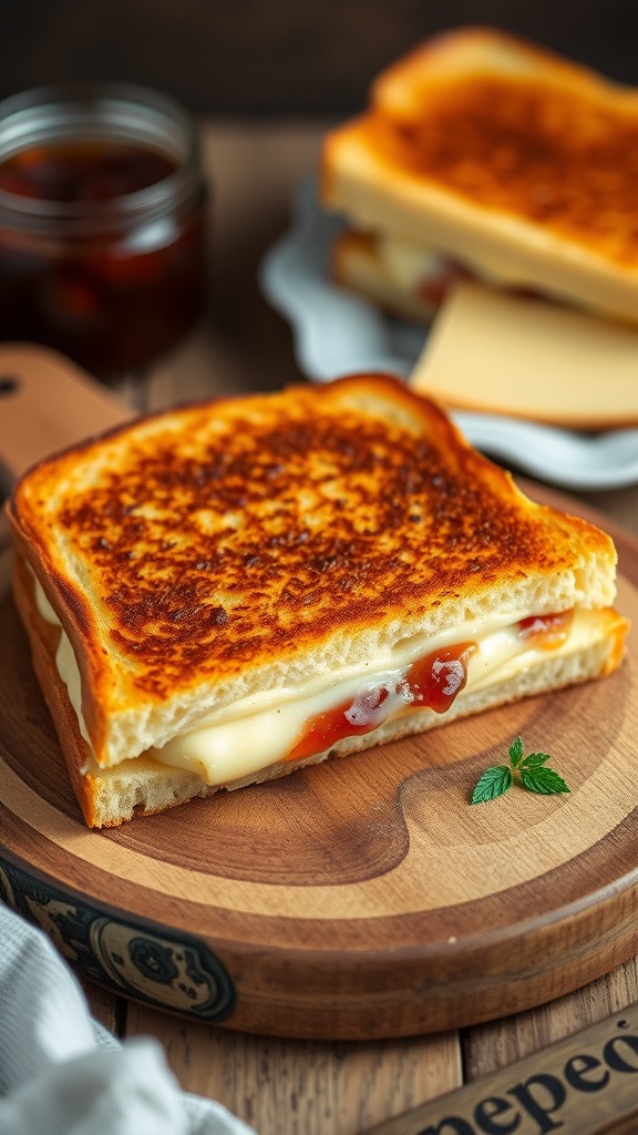 A grilled cheese sandwich with brie and fig jam, golden and crispy.