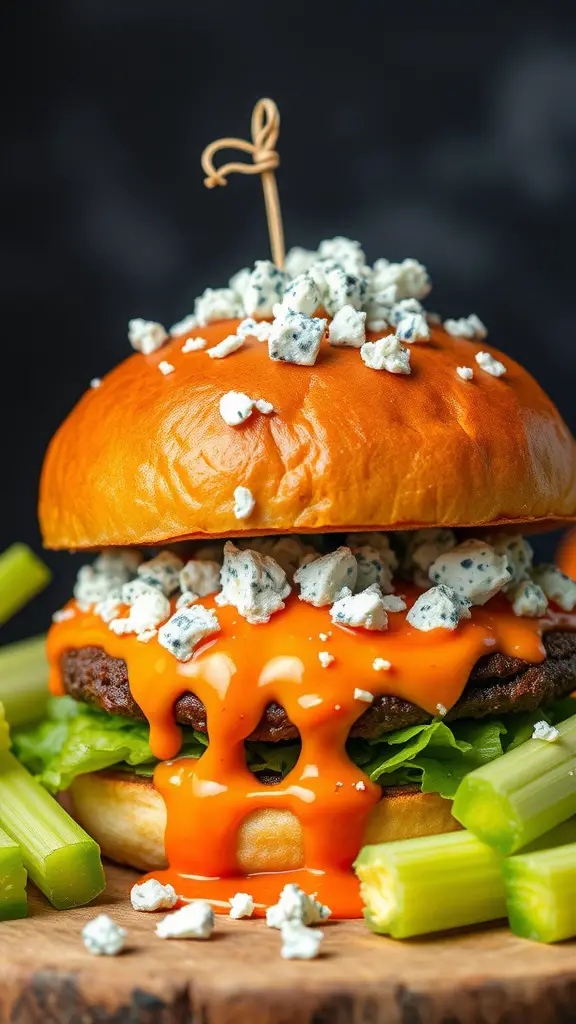 A juicy Buffalo Blue Cheese Burger with toppings
