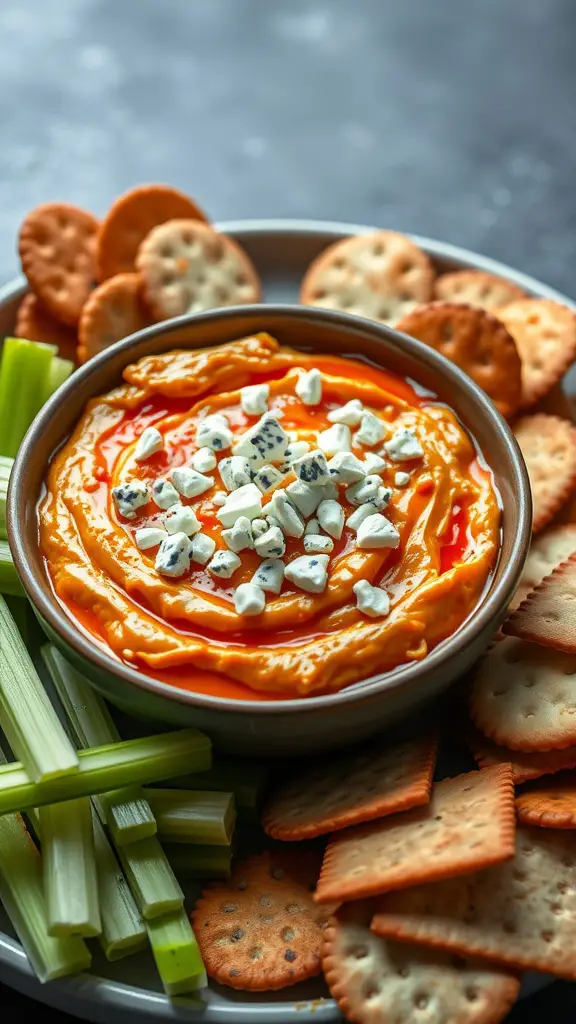 A bowl of creamy buffalo cauliflower dip surrounded by crackers and celery sticks.