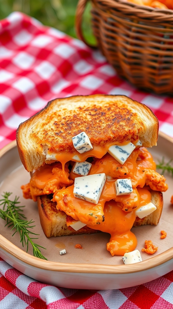 A delicious buffalo chicken and blue cheese toastie on a plate.