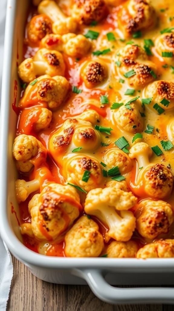 Buffalo Chicken and Cauliflower Bake in a white dish with a wooden background.