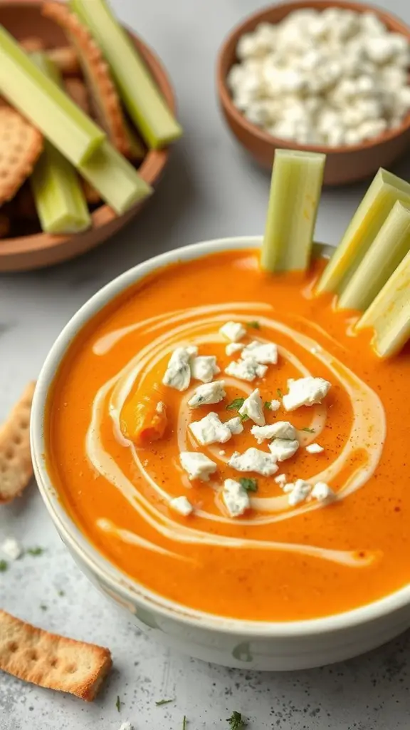 A bowl of creamy buffalo chicken soup garnished with blue cheese and celery sticks.
