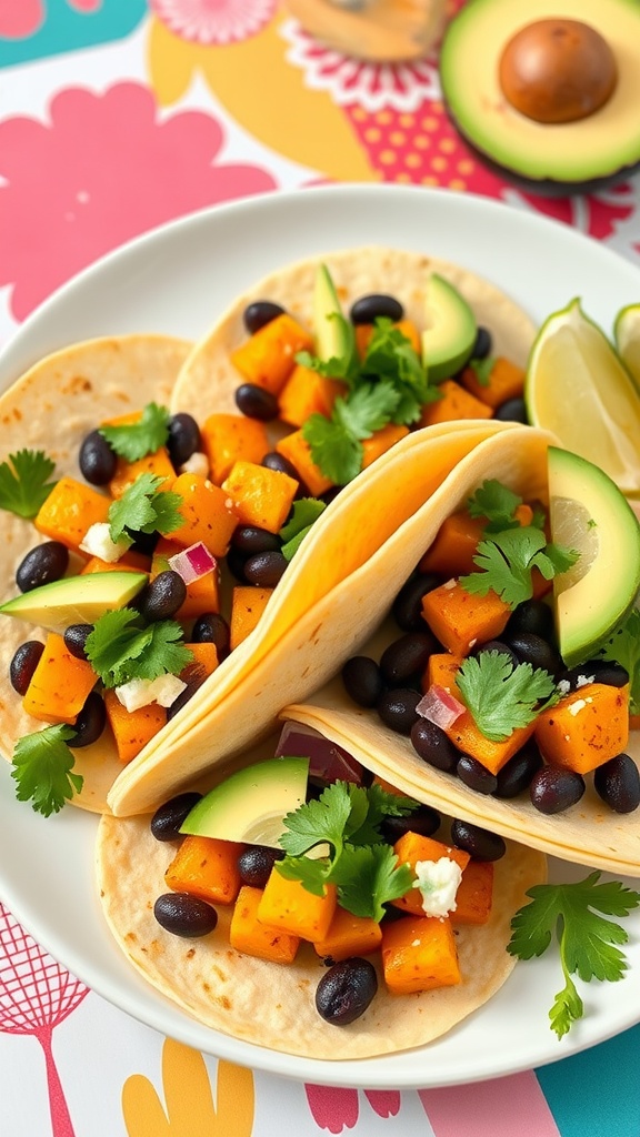 Delicious butternut squash and black bean tacos with toppings