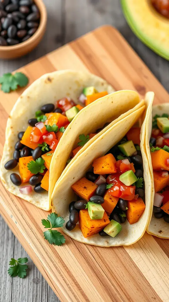Delicious butternut squash and black bean tacos topped with avocado and salsa.