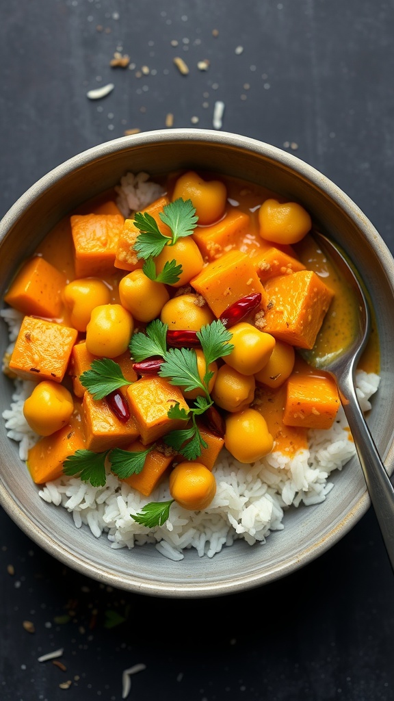 A bowl of butternut squash and chickpea curry served over rice, garnished with cilantro.