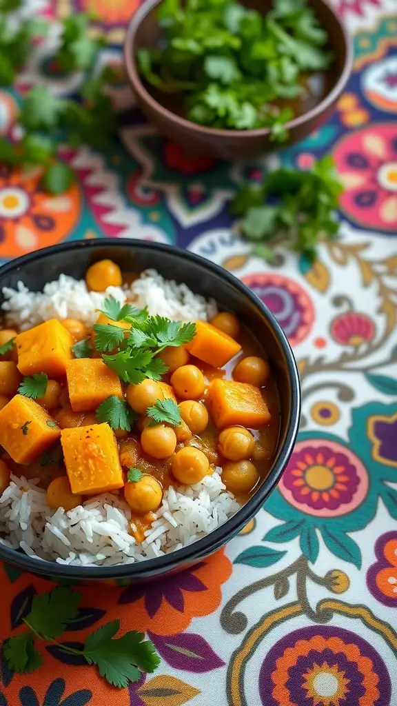 A bowl of butternut squash and chickpea curry served with rice, garnished with cilantro.