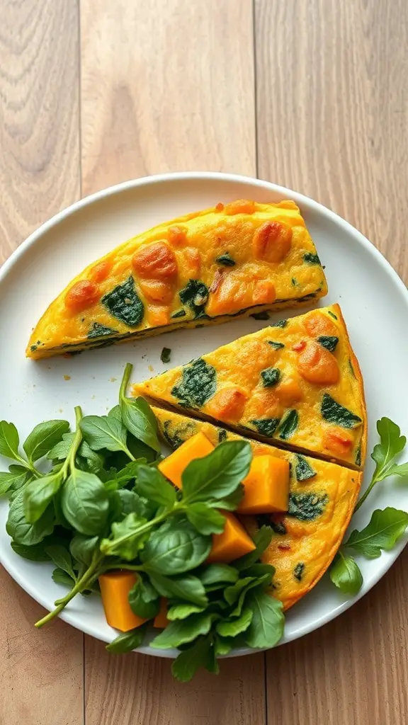 A slice of butternut squash and spinach frittata on a plate with fresh greens.