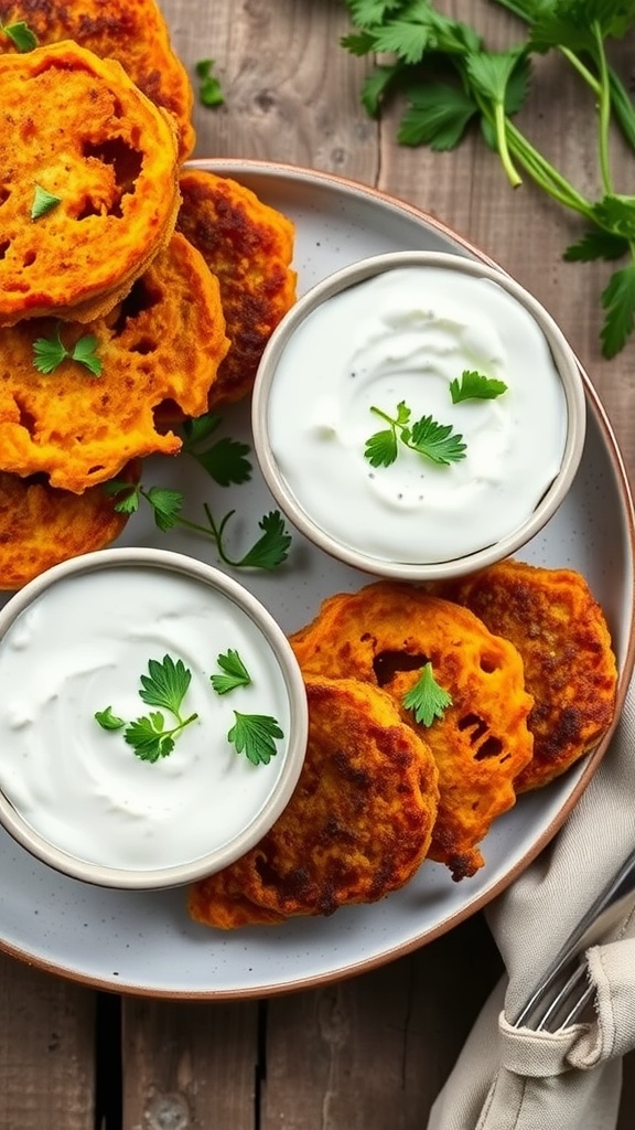 Crispy butternut squash fritters served with a creamy yogurt dip garnished with herbs.