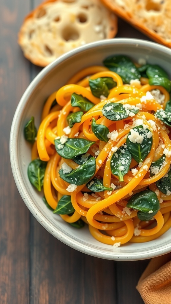 A bowl of butternut squash pasta with spinach, garnished with cheese