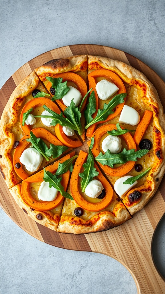 Butternut squash pizza topped with goat cheese and arugula, cut into slices.