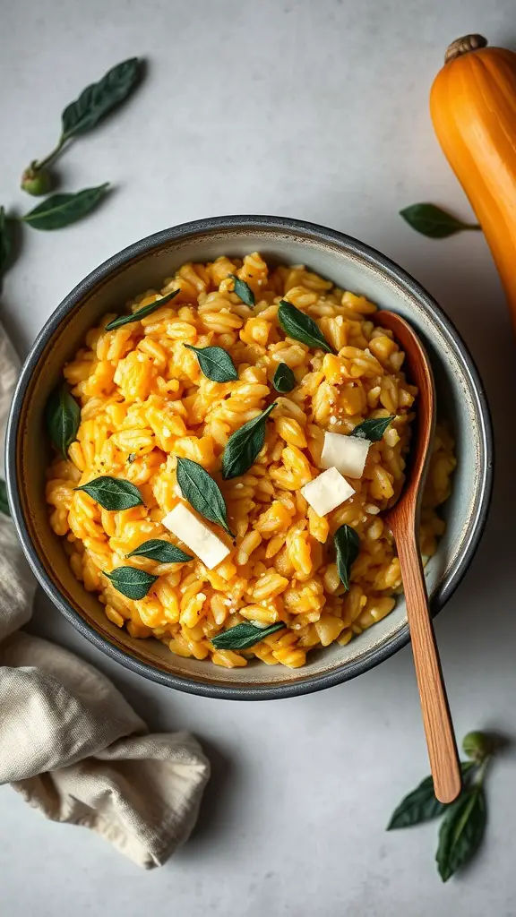 Creamy butternut squash risotto with sage leaves garnished on top