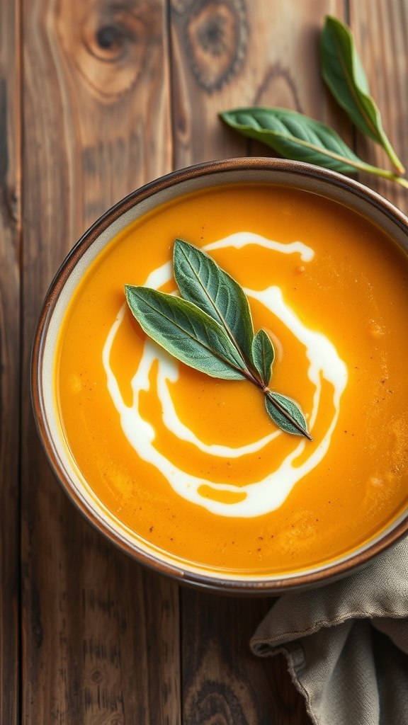 A bowl of butternut squash soup garnished with sage leaves and swirls of cream.