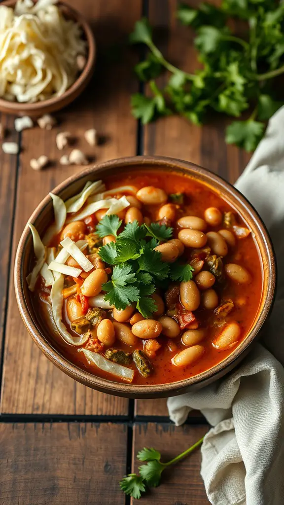 A bowl of cabbage and bean chili topped with cilantro, served with cabbage shreds and cashews on the side.