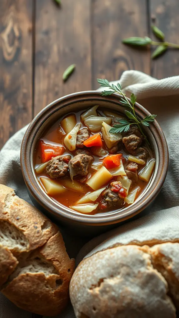 A warm bowl of cabbage and beef soup with bread on the side.