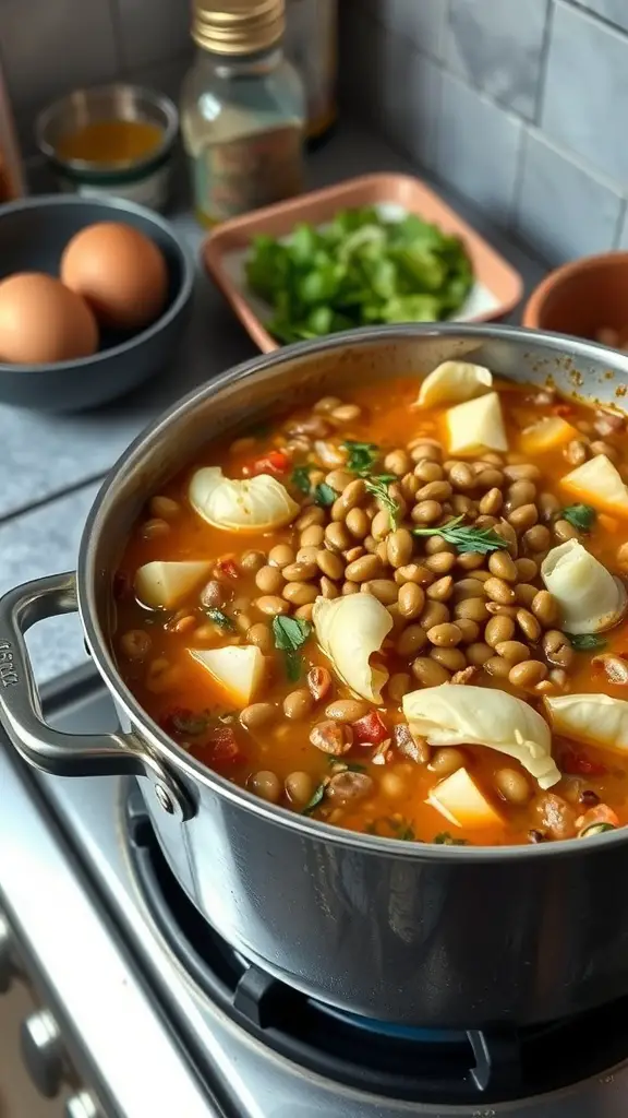 A pot of hearty cabbage and lentil stew simmering on the stove.