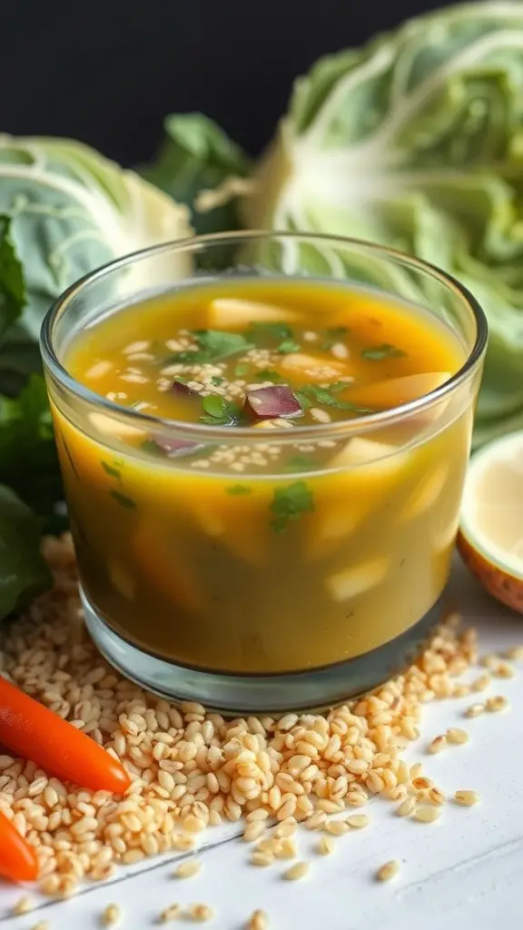 A bowl of Cabbage and Quinoa Soup garnished with herbs.