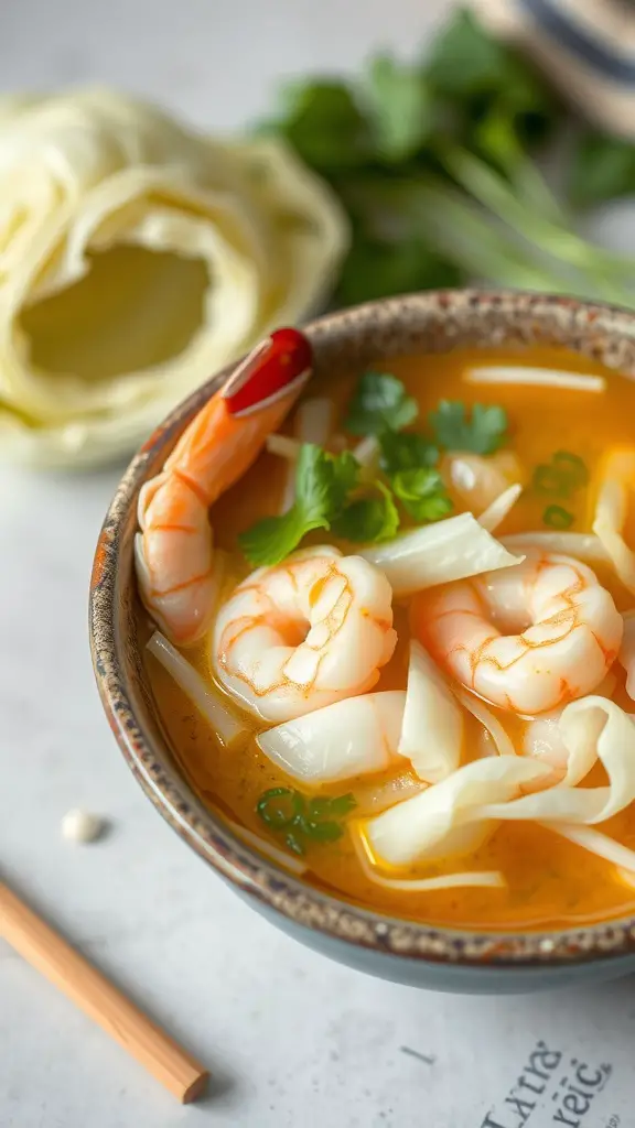A bowl of cabbage and shrimp soup garnished with cilantro and green onions.