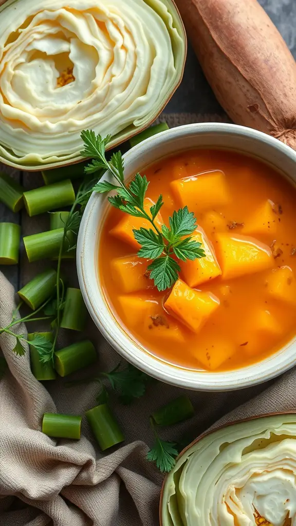 A bowl of cabbage and sweet potato soup surrounded by fresh ingredients.