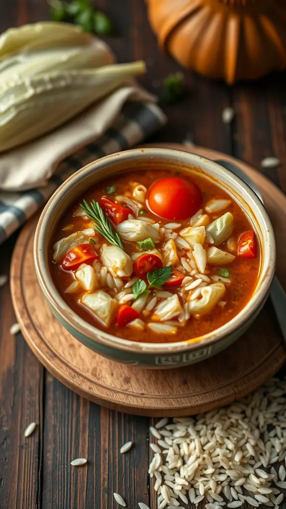 A bowl of Cabbage, Tomato, and Rice Soup garnished with fresh herbs.