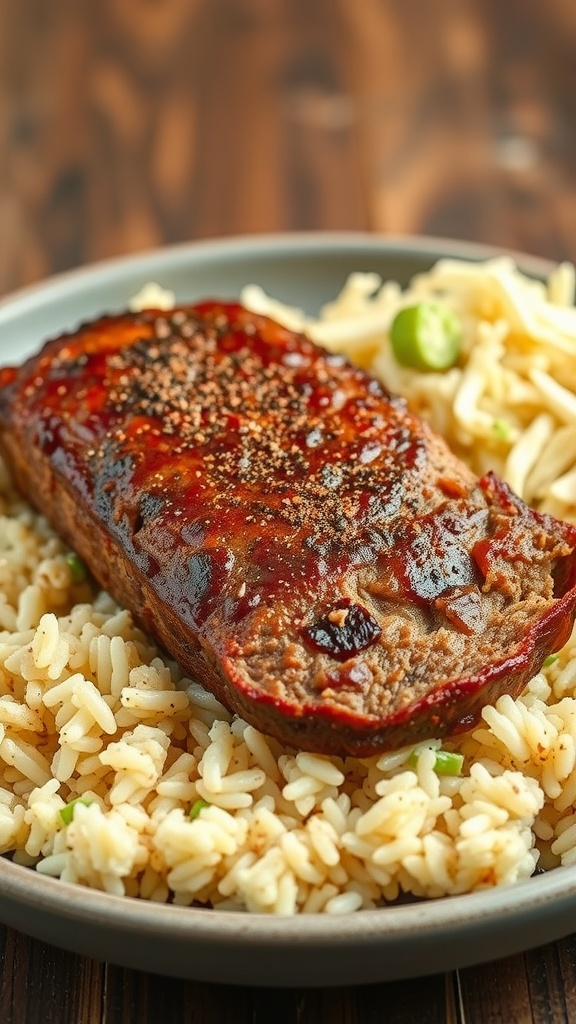 Cajun BBQ Meatloaf with Rice served on a plate with a side of pasta.