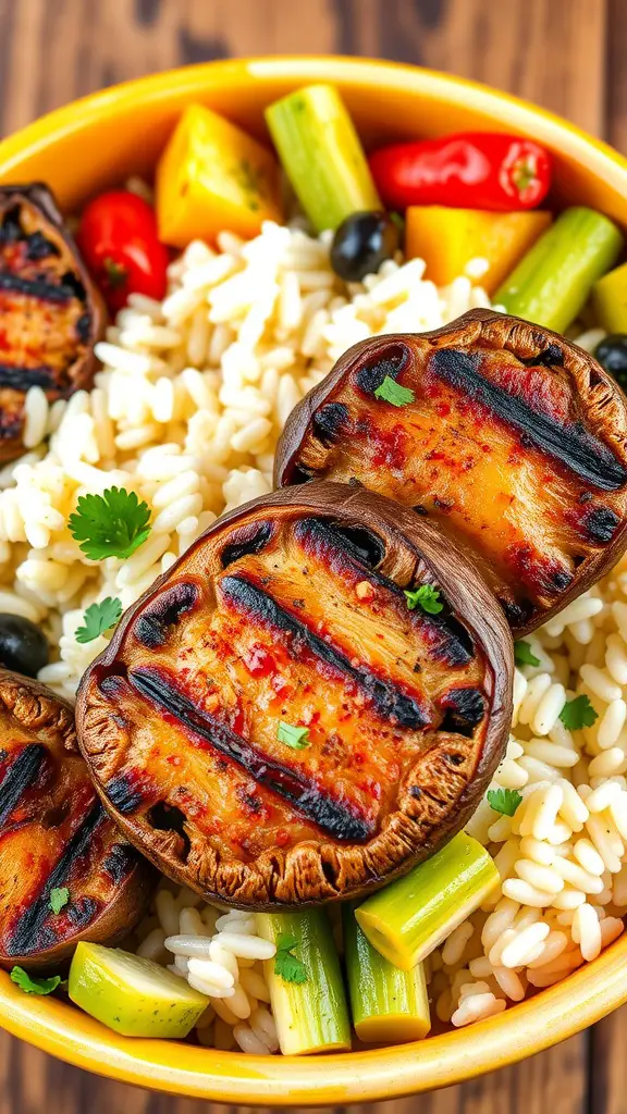 A colorful bowl of Cajun seasoned portobello mushrooms served over rice with fresh vegetables.