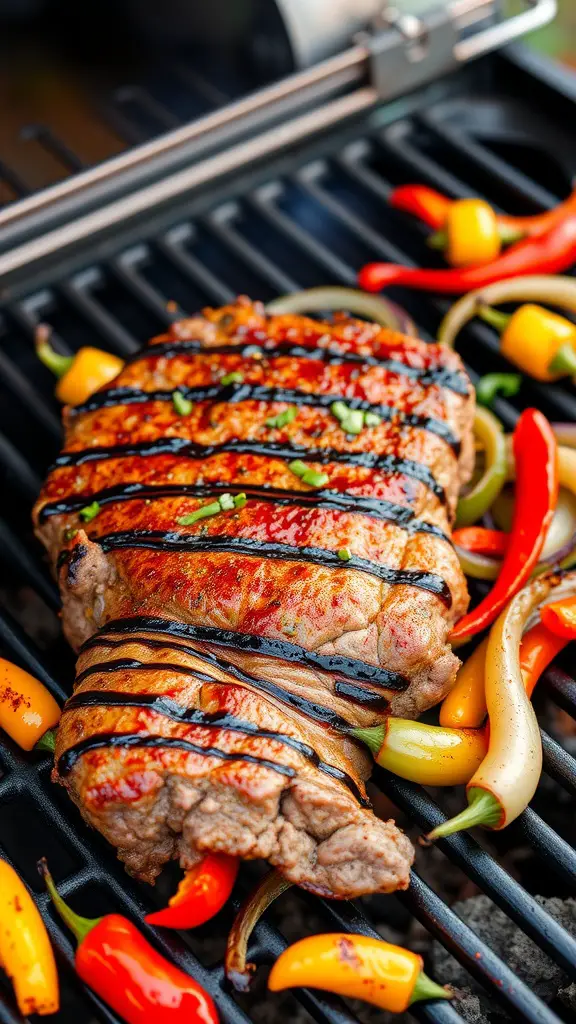 Cajun spiced grilled beef tenderloin on a grill with colorful vegetables