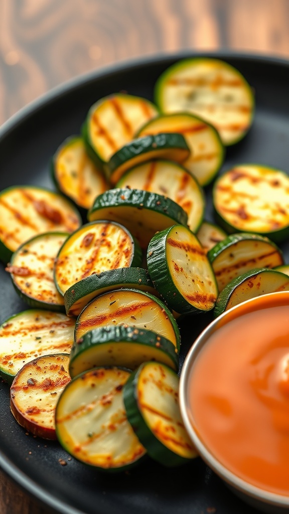 Cajun spiced grilled zucchini slices served with a dipping sauce