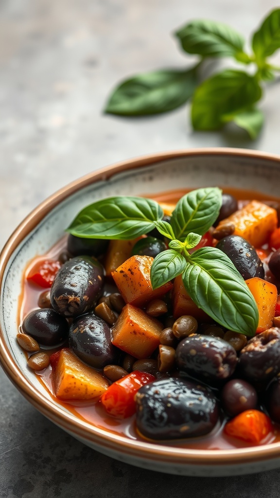 A serving of Caponata Siciliana, featuring eggplant, capers, and vibrant vegetables.