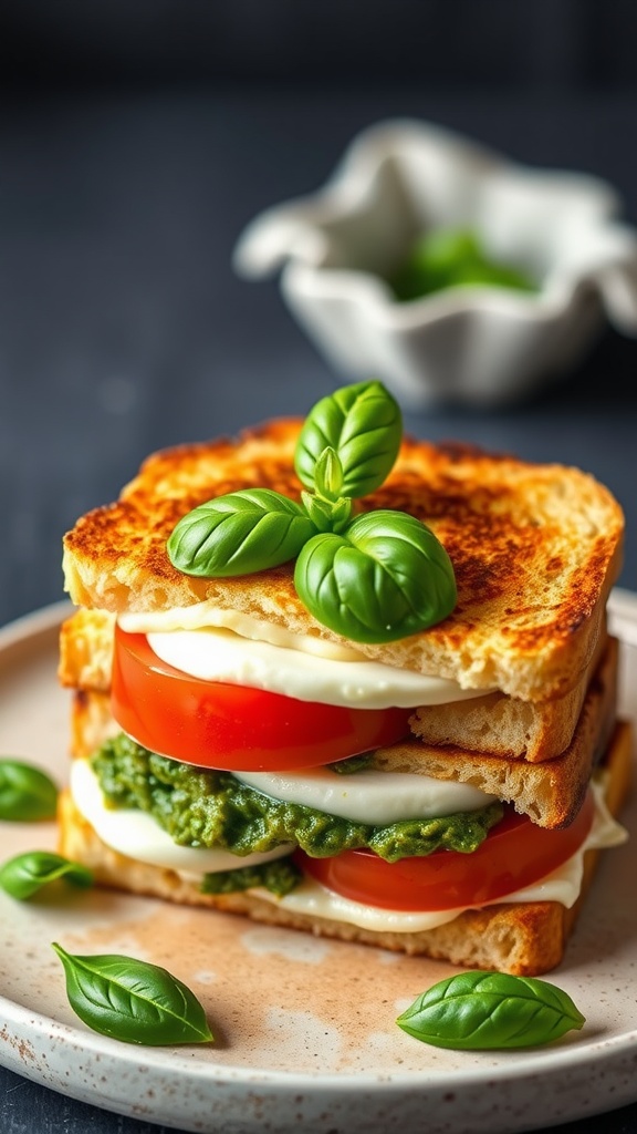 A delicious Caprese grilled cheese sandwich stacked with mozzarella, tomatoes, and pesto, garnished with fresh basil.