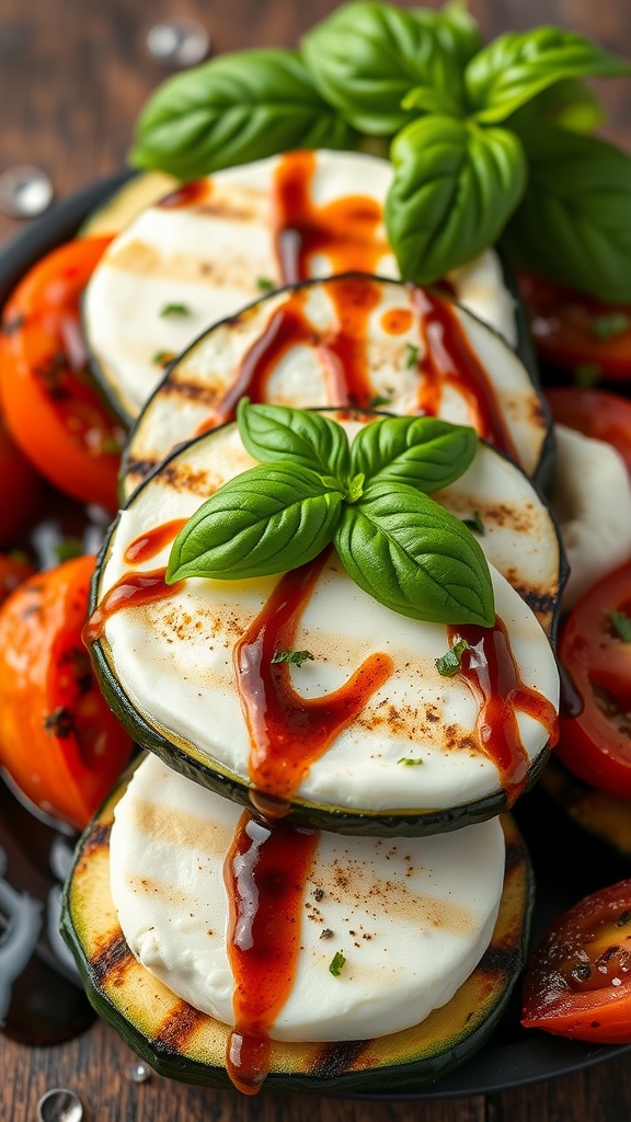 Caprese Grilled Zucchini Stacks with mozzarella, basil, and balsamic glaze