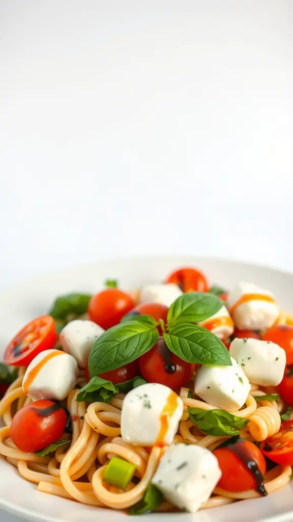 A plate of Caprese pasta salad with mozzarella, tomatoes, and fresh basil.