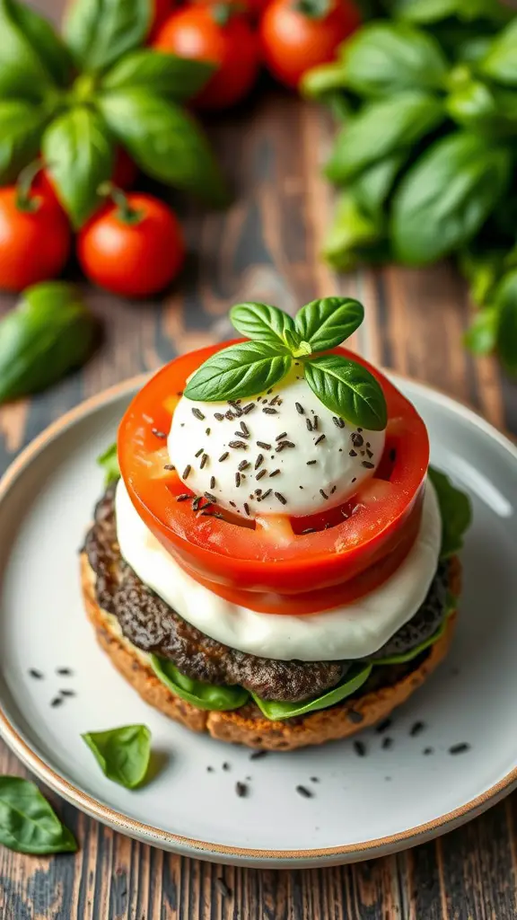 A delicious Caprese Portobello Burger with fresh vegetables and mozzarella