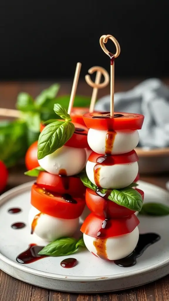 Caprese salad skewers with mozzarella, tomatoes, and basil drizzled with balsamic reduction.