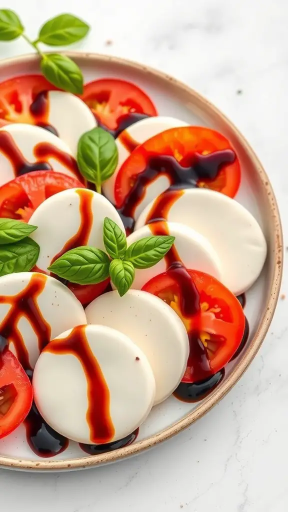Caprese salad with fresh mozzarella, tomatoes, and balsamic glaze.