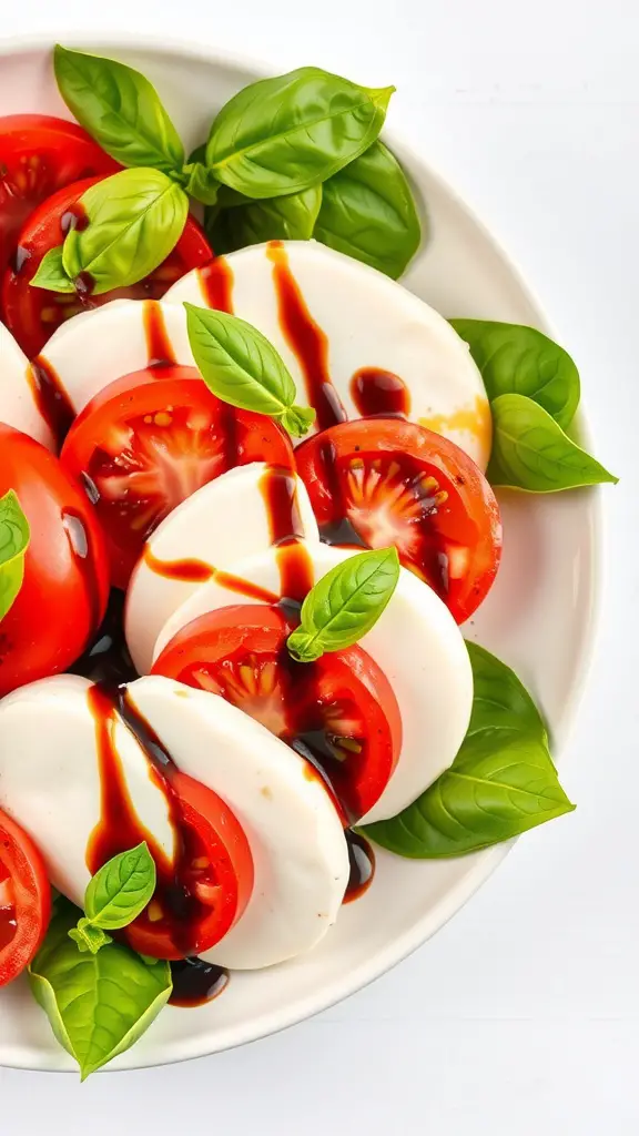 A delicious Caprese salad with slices of tomatoes and mozzarella topped with fresh basil and balsamic glaze