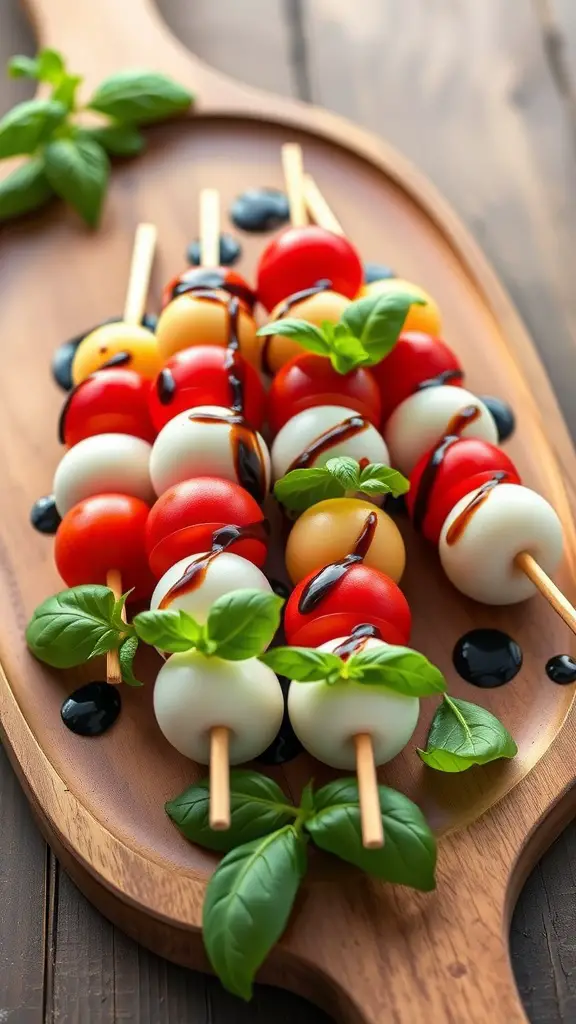 Caprese skewers with tomatoes, mozzarella, and basil drizzled with balsamic glaze on a wooden platter.