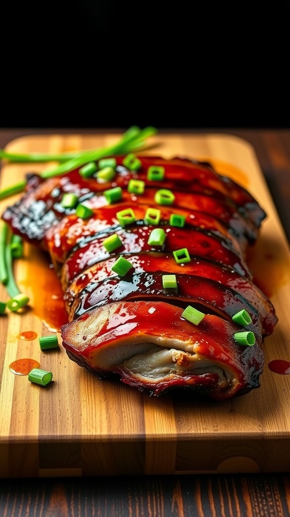 A beautifully glazed Char Siu BBQ pork served on a wooden cutting board, garnished with green onions.