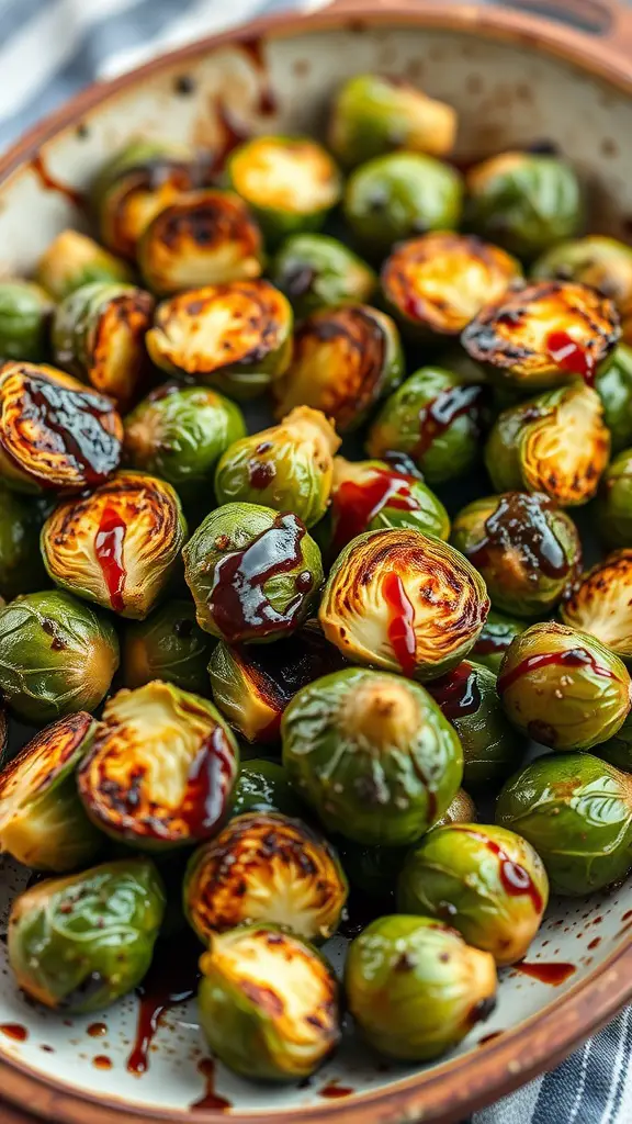 Charred Brussels sprouts served with balsamic glaze.