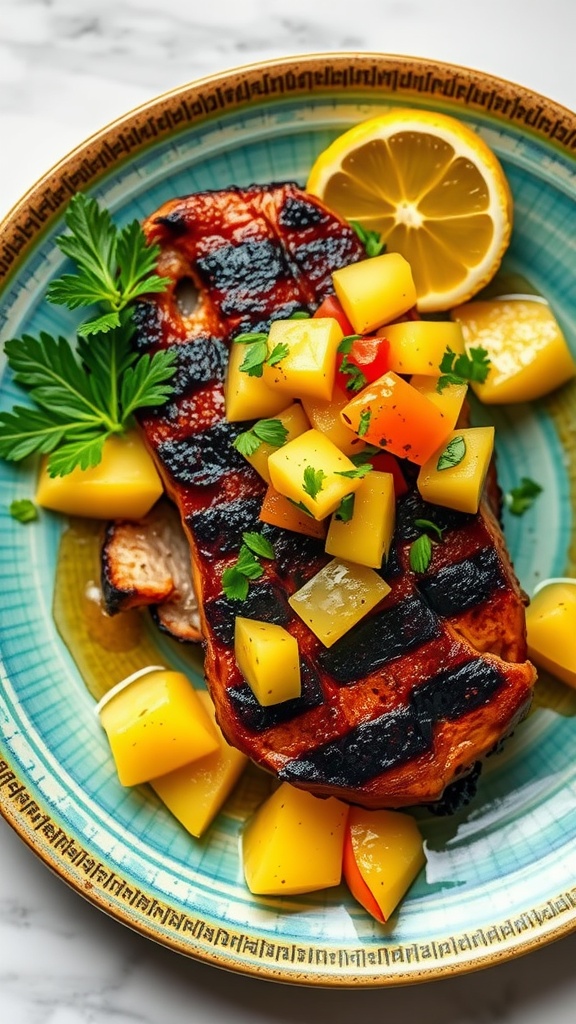 Charred pork belly served with colorful pineapple salsa on a plate.