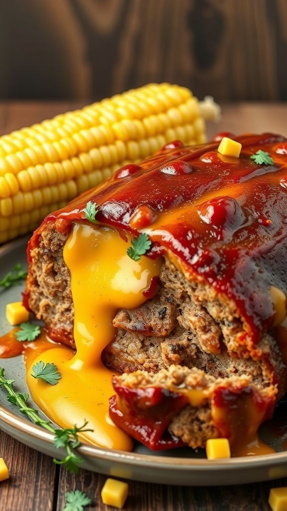 A delicious cheddar-stuffed BBQ meatloaf topped with barbecue sauce and melted cheese, served with corn on the side.